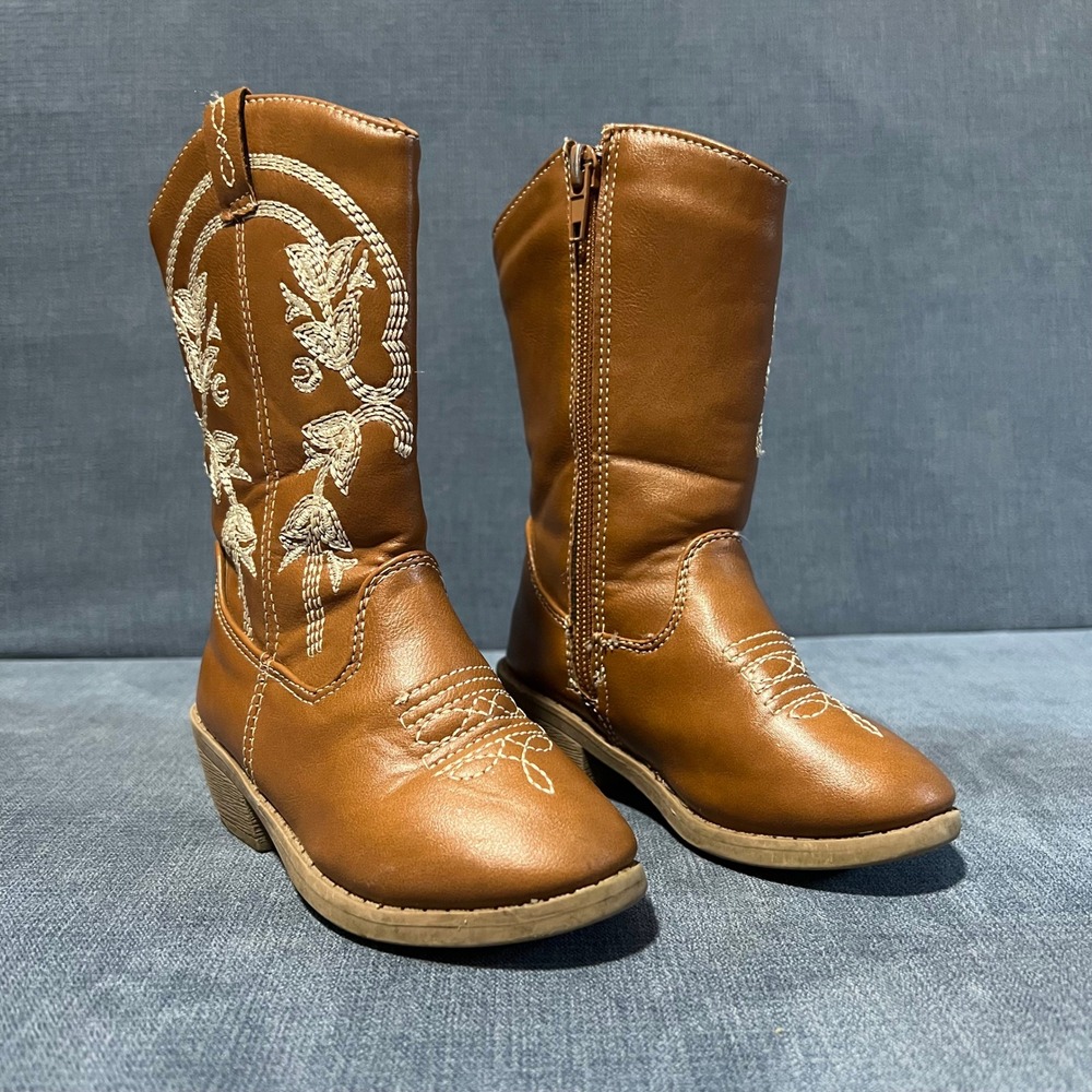 Stepping Stones Girls Tan Brown Floral Embroidered Cowboy Western Boots Size 6